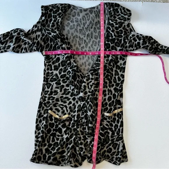 INC Green Leopard Print Open Front Cardigan with Ruffle Collar & Gold Chainmail - Picture 8 of 9